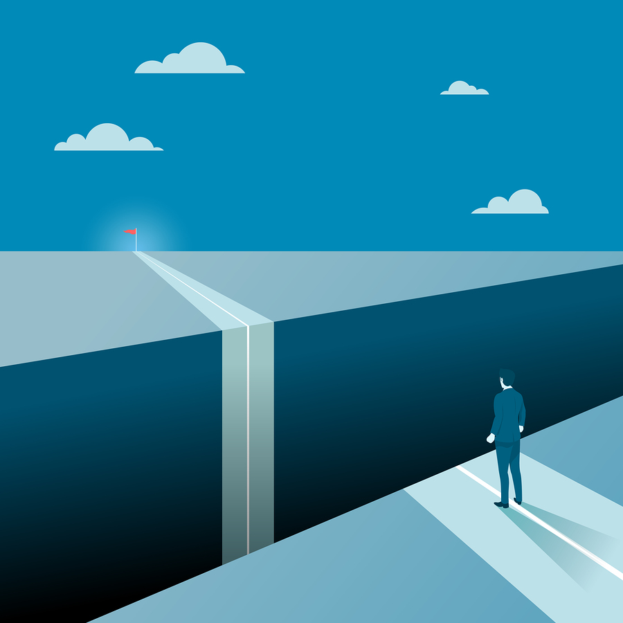 Businessman Facing a Big Gap of His Goal Target, Concept of Business Obstacles with a Big Abyss. Flat Vector.