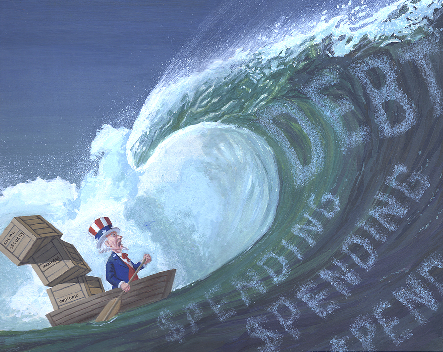 Uncle Sam in boat with entitlement programs rowing against of big wave of spending and debt.