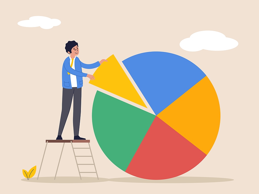 Investment asset allocation and rebalance concept. Businessman on ladder arrange pie chart as rebalancing investment portfolio to suitable for risk and return.
