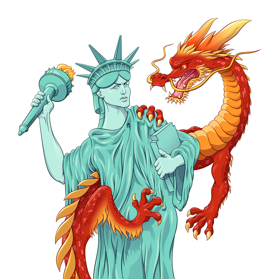 USA versus China trade war concept. Statue of Liberty and Chinese Dragon prepared for battle. National symbols show international relations. Vector illustration in comic style.