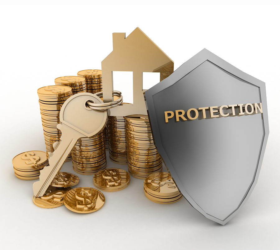 3d house symbol with key on Pile of gold coins covered by protection shield. Concept of protection of mortgage credit