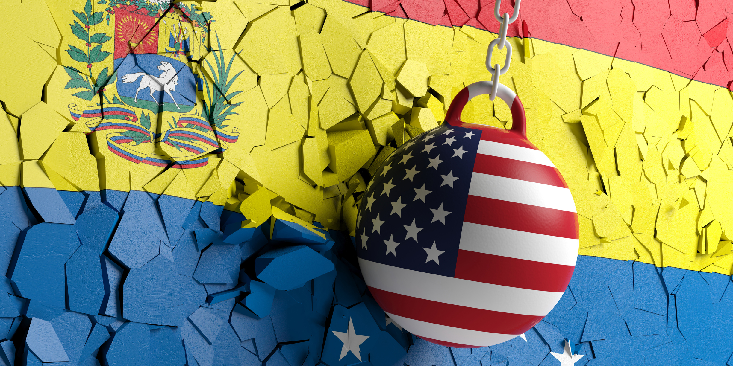 USA and Venezuela relations. US of America flag wrecking ball breaking a Venezuelan flag wall. 3d illustration