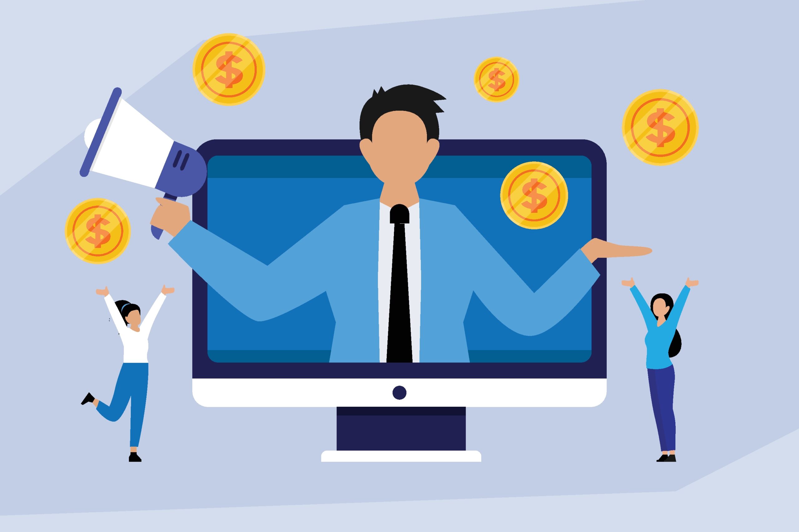 Online business coach or financial influencer emerging from a computer screen with a megaphone 2d flat vector illustrations
