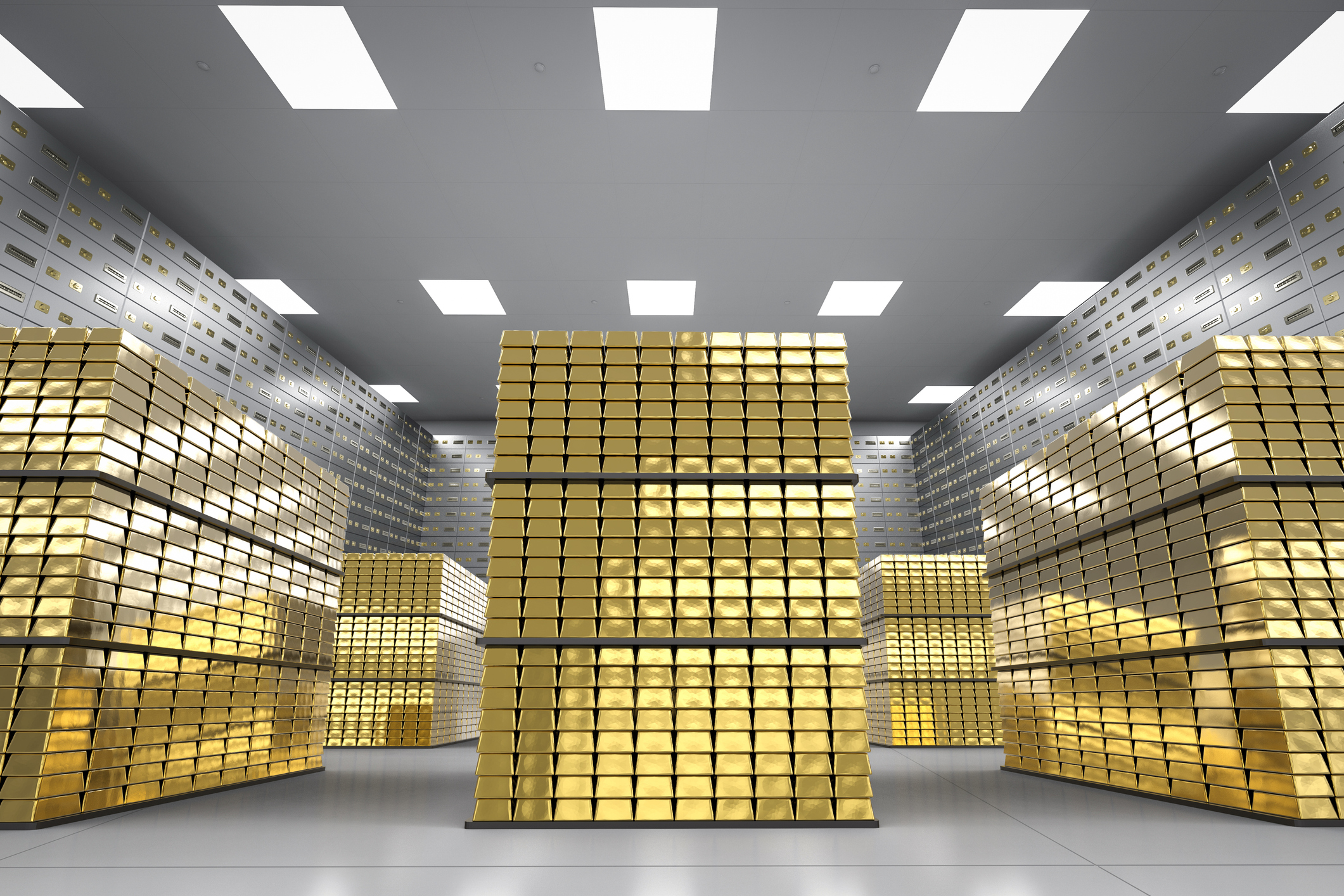 3d rendering heap of gold bullion and safe deposit boxes in room